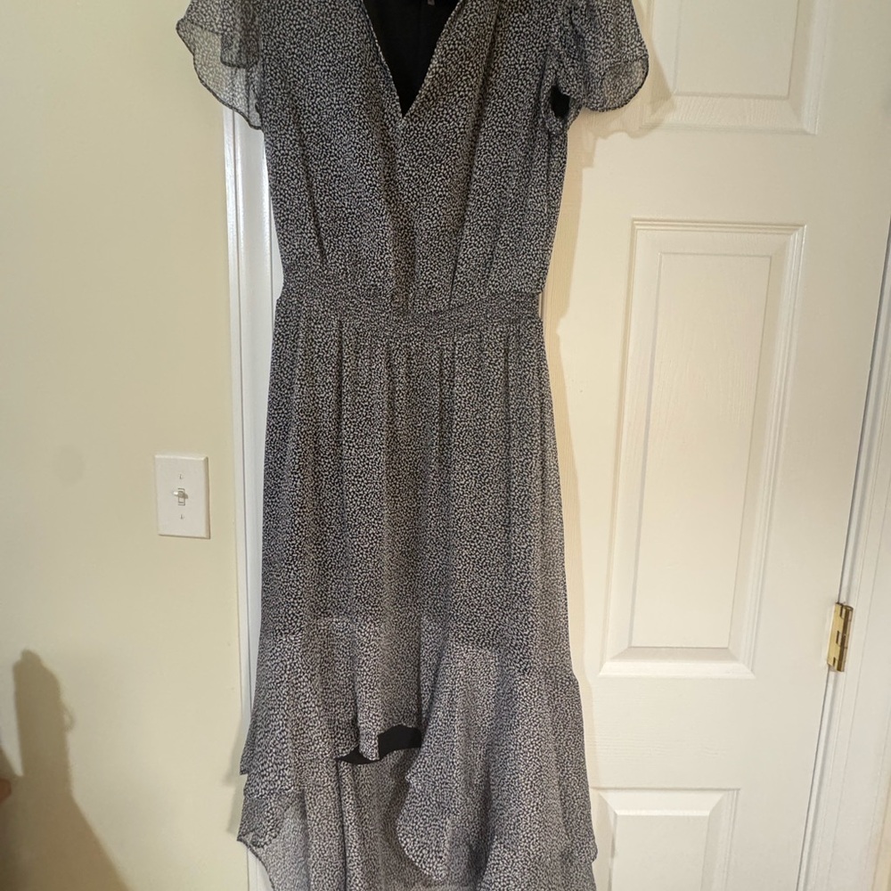 1.STATE Floral Dot Ruffle Asymmetrical Midi Dress | Size S)